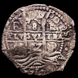 Felipe IV. BOLIVIA. Cob 8 Reales, 1657-P E. Ceca de Potosí. (Cal.1519). 26,70 gramos. Triple fecha. Muy redondo. Rara así. VF+.