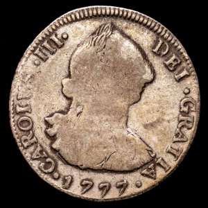 Carlos III. 4 Reales. (12.96 g). Nueva Guatemala. 1777. Ensayador Pedro Sánchez de Guzmán (P). Aureo y Calicó-807. BC+. Rara. (VG10)