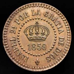 Isabel II. Prueba no adoptada 2 Centavos. 1859. MANILA. 9,85 grs. AE. Pátina. AC-263; KM-Pn13. SC. Rara.