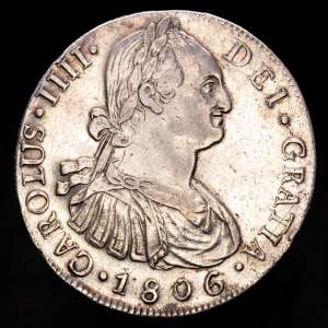 Carlos IV (1788-1808). 8 reales. 1806. Guatemala. M. (Cal-901). Ag. 27,00 gramos. Rara. EBC/MBC+.