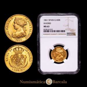 Isabel II. 100 Reales. (8,41 g.). Madrid. 1861. AC-788. MS63. Brillo original. Escasa así