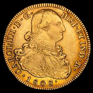 Carlos IV (1788-1808). 8 escudos. 1808. Popayán. JF. (Cal-1690). (Cal onza-1075). (Restrepo-98-38). Au. 26,96 gramos. MBC+.