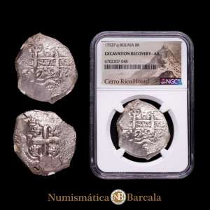 Fernando VI (1746-1759). 8 reales. 1752. Potosí. q. (Cal-522). Ag. Encapsulada por NGC como Excavation Recovery AU. Etiqueta especial "Acaparamiento de Cerro Rico".