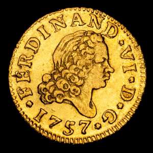 Fernando VI (1746-1759). 1/2 escudo. 1757. Madrid. JB. (Cal-561). Au. 1,75 gramos. Cuarto busto. MBC+.