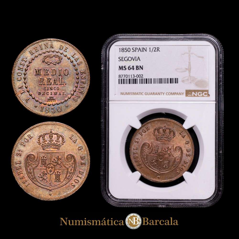 Isabel II (1833-1868). 1/2 real = 5 décimas. 1850. Segovia. (19,61 g.).(Cal-155). Ae. Bonito color y restos de brillo originales. Muy atractiva. Encapsulada por NGC como MS 64 BN.