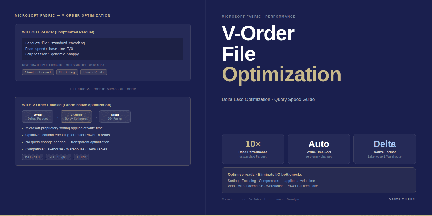 V-Order optimization in Microsoft Fabric showing Parquet file optimization, Delta Lake performance improvements and faster query execution