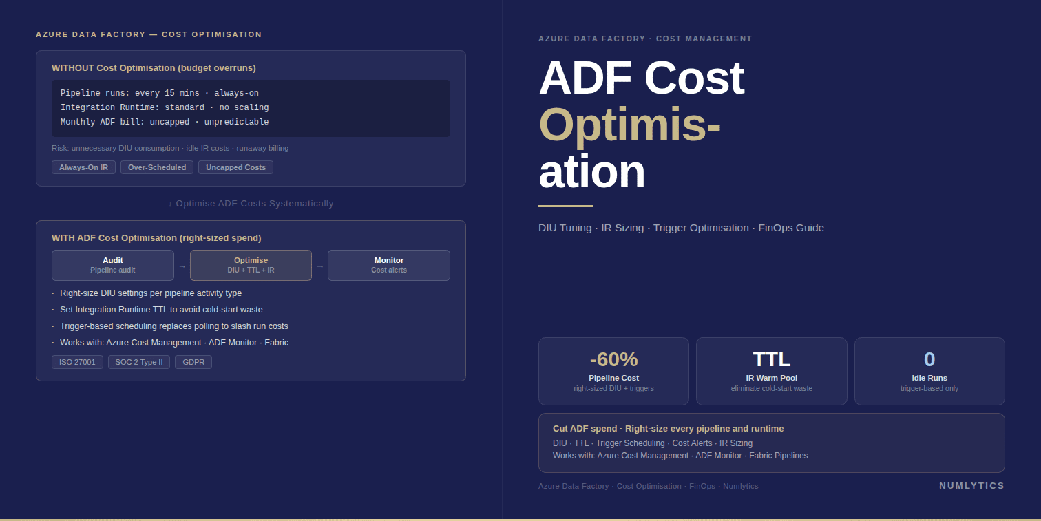 Azure Data Factory cost optimisation dashboard showing ADF billing components, DIU usage analysis, pipeline cost reduction strategies, and enterprise data engineering FinOps insights