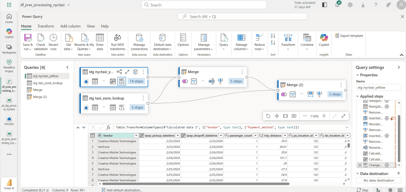 Dataflow Gen2 diagram view showing merge queries joining trip data to the zone lookup table