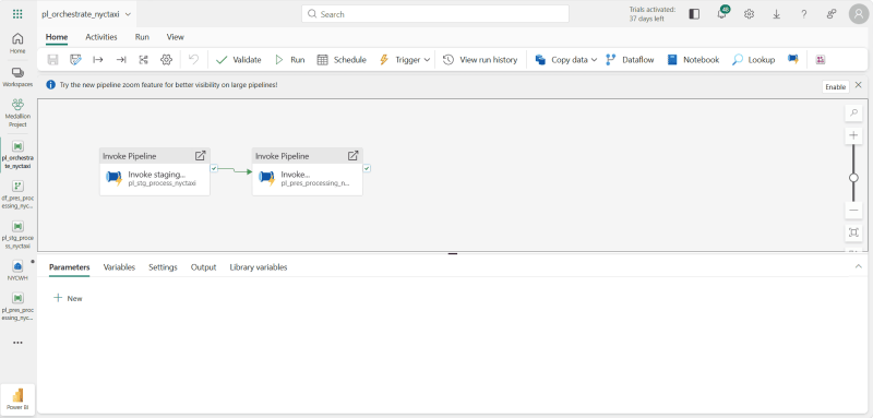 Orchestration pipeline linking the staging and presentation pipelines together end to end