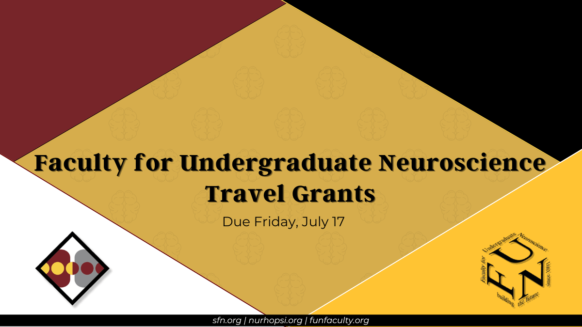 Faculty for Undergraduate Neuroscience Travel Grants due Friday, July 17. Bottom left corner has SfN 2026 logo and bottom right corner has the FUN logo