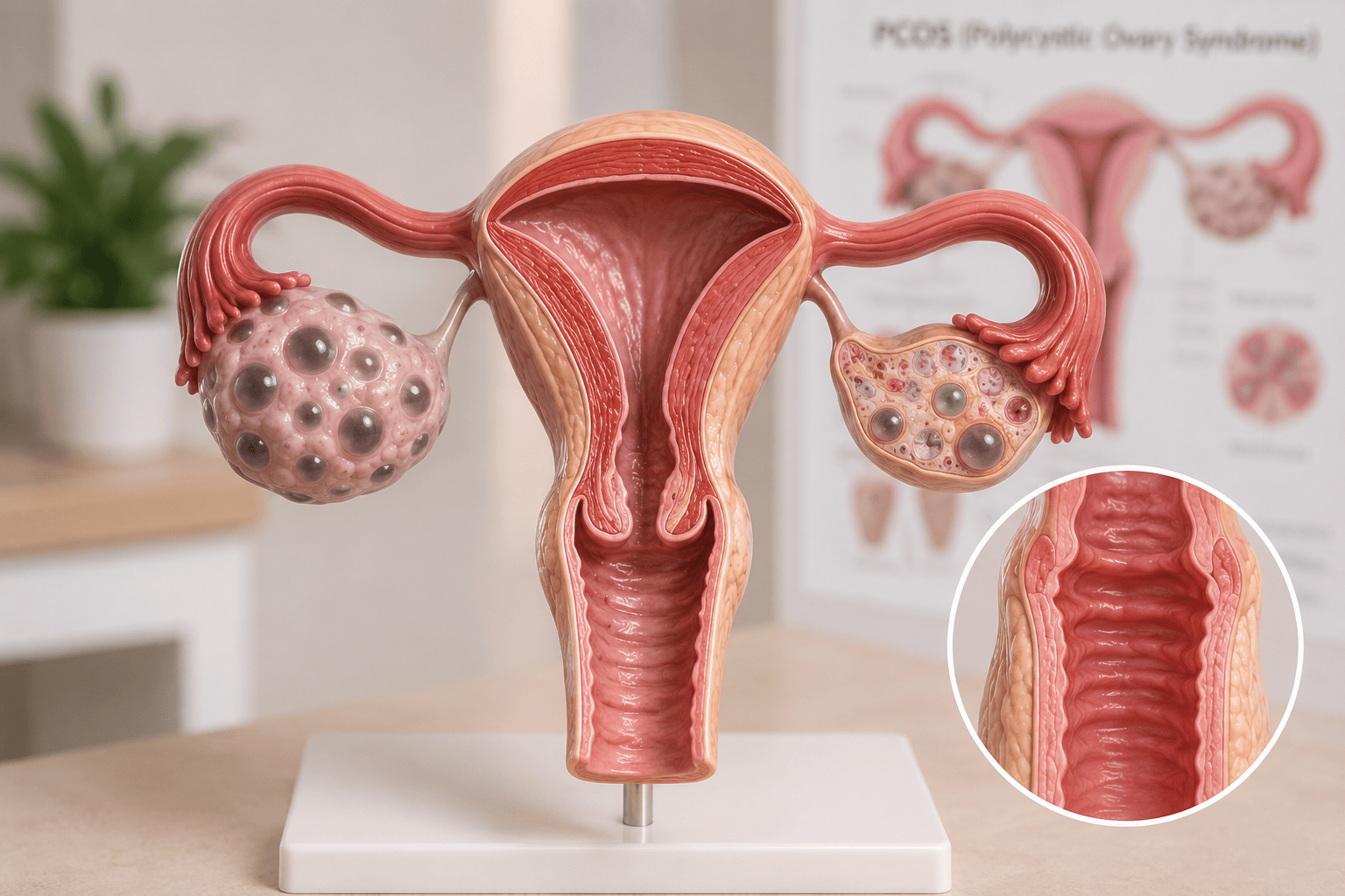 Anatomisk modell av livmor og eggstokker med polycystiske eggstokker som illustrerer PCOS./PMOS