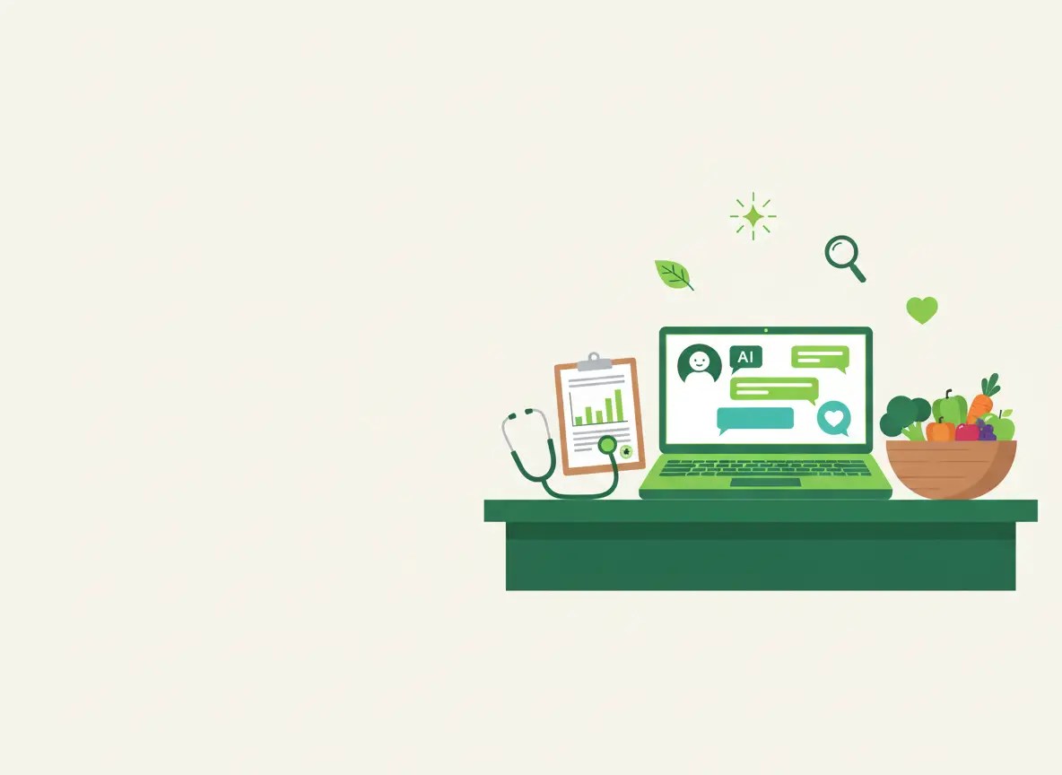 Illustration of a nutrition clinic desk with a laptop showing an AI assistant, surrounded by fresh vegetables and simple health icons