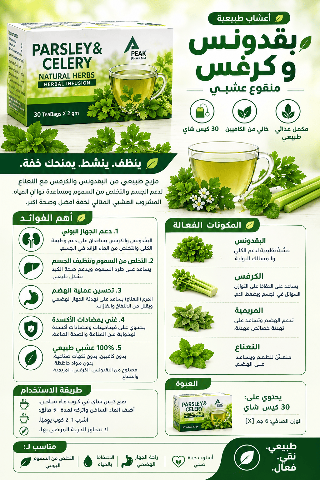 Peak Pharma Parsley&celery بقدونس وكرفس 30 باكت
