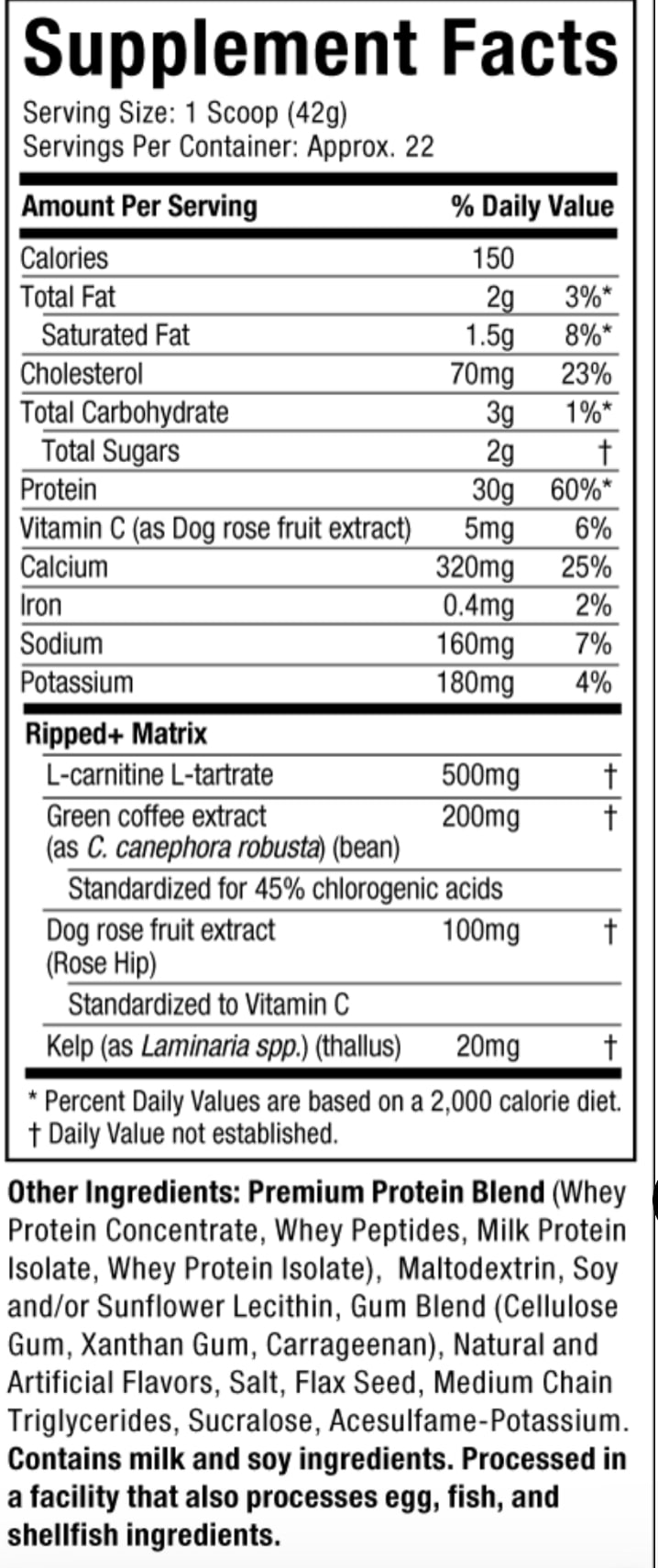 Tabla nutricional del suplemento Nitro Tech Ripped