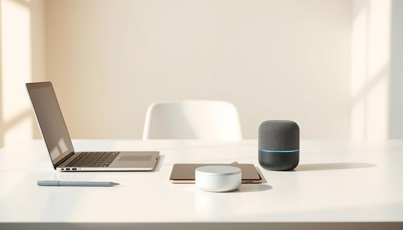 A clean, minimalist office setting with essential AI content creation tools floating in the foreground. A sleek laptop, a stylus-equipped tablet, and an intuitive voice assistant device on a pristine white desk. Warm, directional lighting casts soft shadows, highlighting the high-tech features of the tools. The background is a simple, neutral color palette, allowing the tools to take center stage. The overall mood is one of focused productivity and technological sophistication, reflecting the needs of modern marketing professionals. A clean, minimalist office setting with essential AI content creation tools floating in the foreground. A sleek laptop, a stylus-equipped tablet, and an intuitive voice assistant device on a pristine white desk. Warm, directional lighting casts soft shadows, highlighting the high-tech features of the tools. The background is a simple, neutral color palette, allowing the tools to take center stage. The overall mood is one of focused productivity and technological sophistication, reflecting the needs of modern marketing professionals.