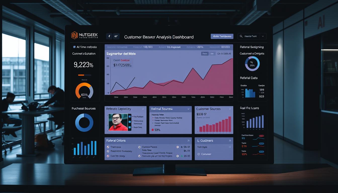 A detailed customer behavior analysis dashboard displaying real-time metrics for a Nutsgeek affiliate sales funnel. Centered is a large graph charting customer conversion rates, click-through, and purchase data in a sleek, minimalist style. In the foreground, icons and infographics provide at-a-glance insights into customer segmentation, referral sources, and funnel optimization opportunities. The middle ground shows a product image and customer testimonials, while the background depicts a modern office setting with subtle brand elements. Dramatic studio lighting casts dramatic shadows, creating a high-contrast, professional aesthetic suitable for an AI business article.