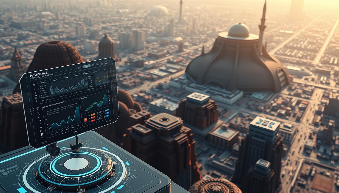 A detailed, futuristic overview of an automated SEO workflow with Nutsgeek's passive SEO stack, captured in a cinematic, high-tech style. In the foreground, a sleek, holographic control panel displays real-time analytics and optimization recommendations. In the middle ground, AI-powered bots dynamically adjust on-page elements, schema, and GEO-targeted content. The background showcases a sprawling, data-driven landscape of LLMs, AI models, and interconnected SEO tools, all seamlessly integrated for a hands-off, powerful SEO experience.