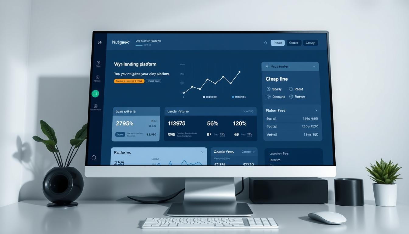 A detailed view of a modern peer-to-peer lending platform interface, showcasing key features and fees. The scene depicts a clean, minimalist desktop with a large, high-resolution monitor displaying the Nutsgeek P2P lending platform. The interface features intuitive navigation, clear data visualizations, and prominent sections highlighting loan criteria, lender returns, and platform fees. The overall mood is professional, informative, and trustworthy, conveying the platform's reliability and transparency. Soft, directional lighting illuminates the scene, creating depth and emphasizing the platform's user-friendly design.