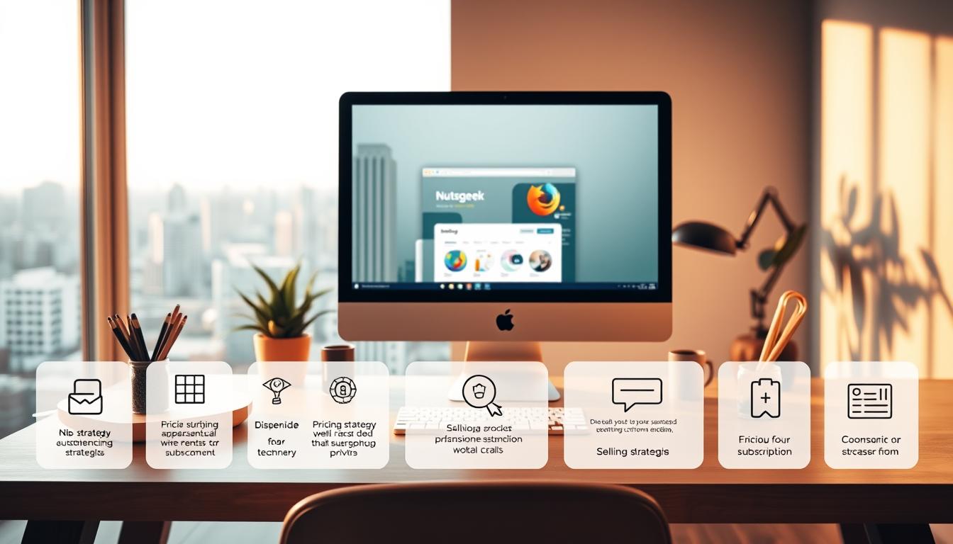 A modern and minimalist workspace with a sleek desktop computer and a Nutsgeek browser tool displayed prominently on the screen. The scene is bathed in warm, directional lighting, creating a cozy and professional atmosphere. In the foreground, various pricing strategies and subscription models are illustrated through simple, elegant icons and infographics. The middle ground features a thoughtful arrangement of office supplies, highlighting the attention to detail. The background subtly showcases a cityscape through a large window, representing the global reach of the Nutsgeek browser tool. The overall composition conveys a sense of productivity, innovation, and the strategic considerations involved in effectively selling a Chrome extension in 2025.