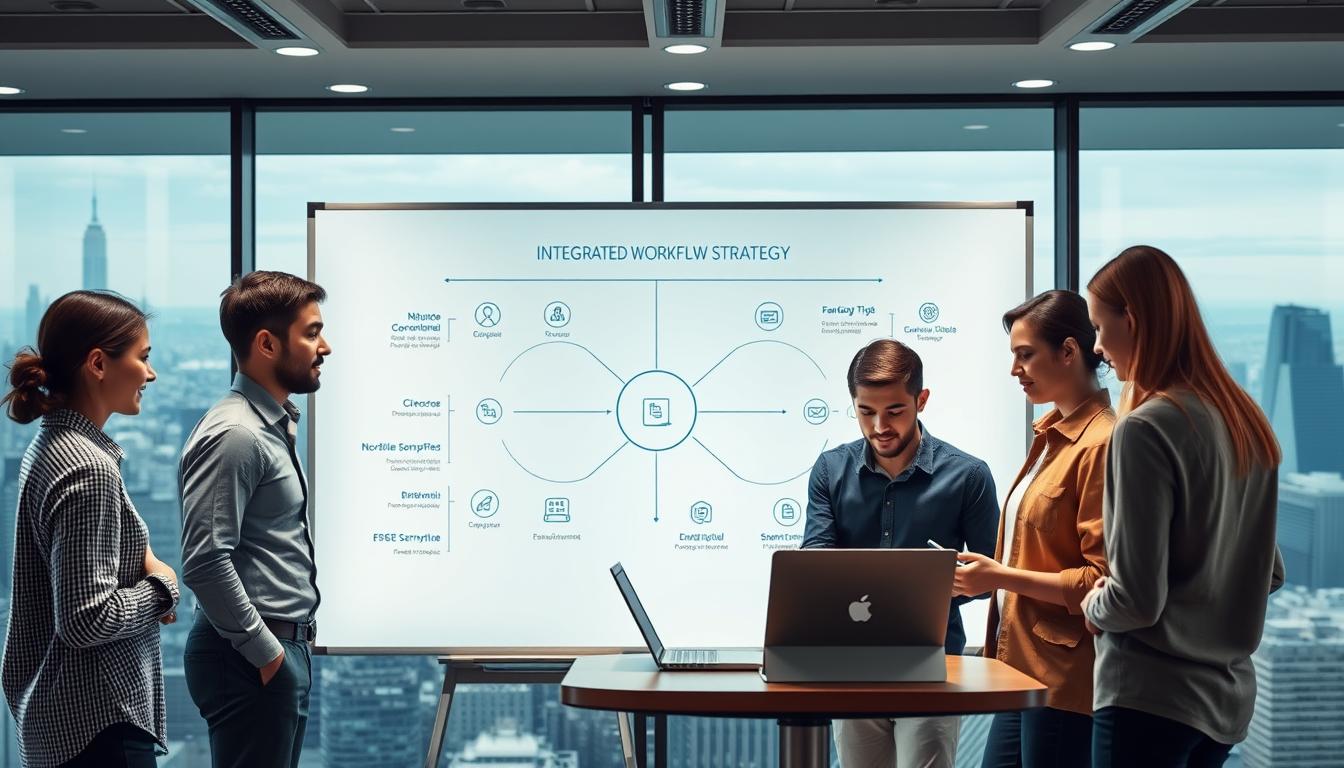 A modern, sleek office setting with a large whiteboard displaying an integrated workflow strategy diagram. The foreground features a team of professionals in casual attire, collaborating around a Nutsgeek-branded laptop and tablet. The middle ground showcases various productivity tools and software icons, seamlessly connected. The background depicts a panoramic view of a dynamic city skyline, conveying a sense of innovation and progress. Soft, directional lighting illuminates the scene, creating a professional yet approachable atmosphere. A cinematic, wide-angle lens captures the scene, emphasizing the cohesive, tech-savvy nature of the integrated workflow strategies.