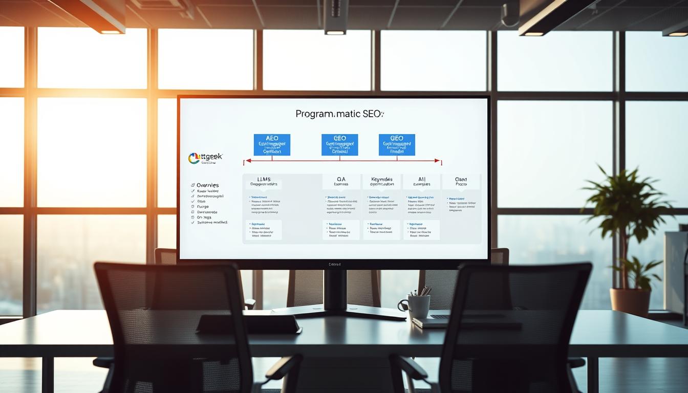 A sleek and modern office setting, with a large monitor displaying a programmatic SEO workflow diagram. Nutsgeek's branding and logo prominent. The workflow illustrates key steps: AEO (Adaptive Engine Optimization), GEO (Geotargeted Optimization), LLMs (Large Language Models), AI Overviews, Q&A, FAQs, examples, keywords, on-page optimization, and schema markup. Warm lighting filters through large windows, casting a professional, productivity-driven atmosphere. Minimalist decor and clean lines convey an efficient, streamlined approach to SEO. The image should capture the essence of a no-code, programmatic solution for optimizing a blog's search engine performance.