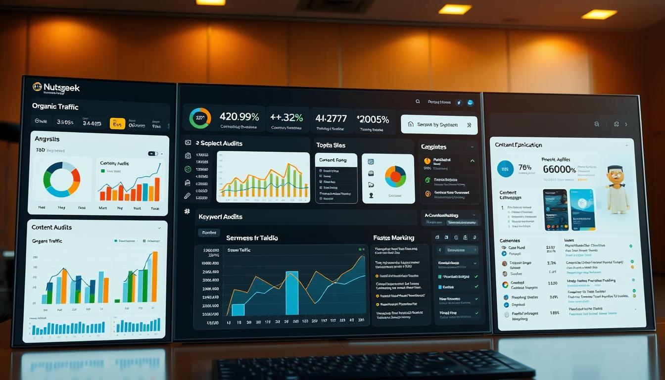 A sleek, modern SEO optimization dashboard for the Nutsgeek blog, with a clean, data-driven interface. The foreground showcases key metrics like organic traffic, search rankings, and keyword performance, displayed in elegant charts and graphs. The middle ground features customizable widgets for on-page optimization, content audits, and technical SEO analysis. In the background, a panoramic view of the blog's content structure, FAQs, and schema markup. Warm lighting casts a soft glow over the setup, creating a professional, authoritative atmosphere. Shot with a high-quality DSLR lens, capturing every detail in crisp, high-resolution clarity.