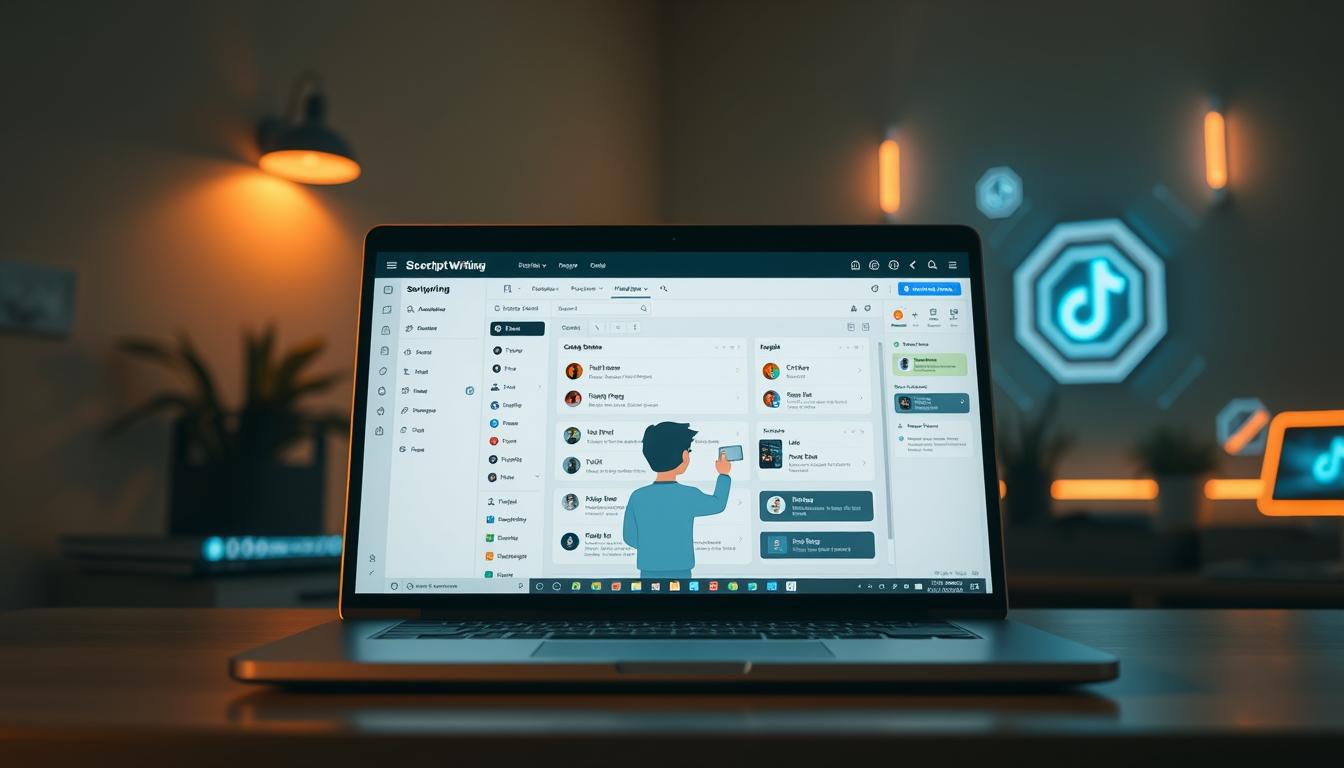 A sleek, modern scriptwriting tool workflow, designed by the Nutsgeek team, depicted in a clean, minimalist style. In the foreground, a laptop screen displays a scriptwriting interface with a clear, organized layout. The middle ground features a stylized character, possibly a scriptwriter, intently focused on the screen, surrounded by task-oriented icons and interface elements. The background showcases a softly-lit, tech-inspired environment, with hints of holographic displays and subtle neon accents, conveying a sense of futuristic productivity and innovation. The lighting is warm and balanced, highlighting the key elements while maintaining a professional, polished atmosphere. The overall mood is one of efficient, AI-powered content creation, suited for the "Mastering AI TikTok Automation" section of the article.