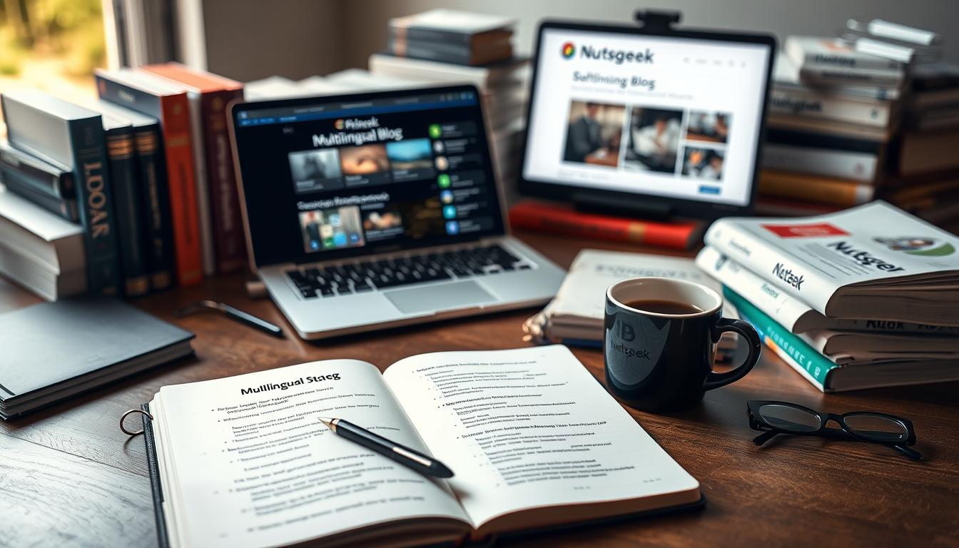 A workbench with various language reference books, dictionaries, and a laptop displaying a multilingual blog interface. Soft, natural lighting illuminates the scene. The Nutsgeek brand logo is prominently displayed. In the foreground, an open notebook showcases SEO-optimized content ideas, FAQs, and schema markup examples for the blog's multilingual strategy. The middle ground features a mug of hot coffee, a pen, and a pair of reading glasses, creating a cozy, productive atmosphere. The background blurs gently, emphasizing the focus on the language learning resources and the digital tools for managing a successful multi-language blog.