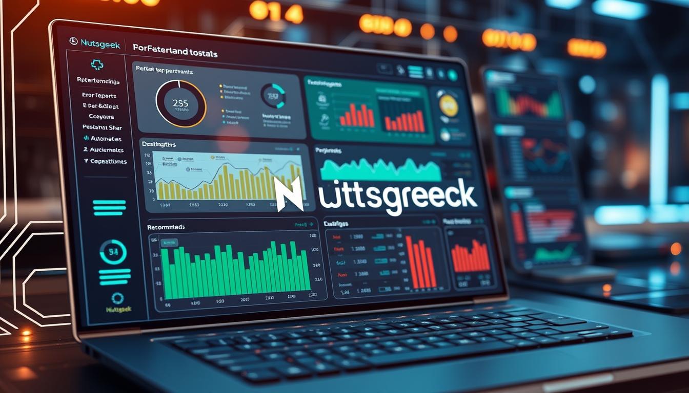 An image of a troubleshooting report automation for the "How to Automate SMMA Client Reports Using ChatGPT" article, with the Nutsgeek brand: A neatly organized software dashboard with diagnostic charts, graphs, and status indicators overlaying a sleek, futuristic technology interface. The dashboard displays real-time performance metrics, error log analytics, and automated troubleshooting recommendations. The Nutsgeek logo is subtly integrated into the design. Warm lighting casts a glow over the scene, creating a sense of professionalism and innovation. The composition emphasizes the efficiency and reliability of the report automation system.