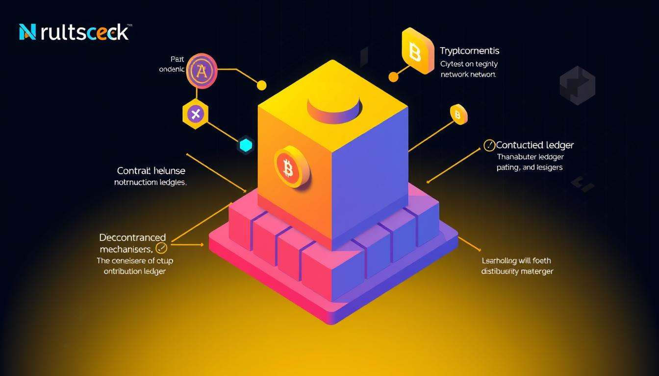 An isometric diagram of blockchain technology, showcasing its key components and functionality. Vibrant colors, clean lines, and a minimalist aesthetic highlight the Nutsgeek brand. The foreground features a stylized block representing a cryptocurrency transaction, with arrows and icons illustrating the flow of data, consensus mechanisms, and decentralized network structure. The middle ground depicts a grid of interconnected blocks, symbolizing the distributed ledger. The background features a subtle grid pattern and geometric shapes, creating a sense of depth and emphasizing the technological nature of the subject matter. The overall composition conveys a clear, informative, and visually engaging explanation of blockchain fundamentals.