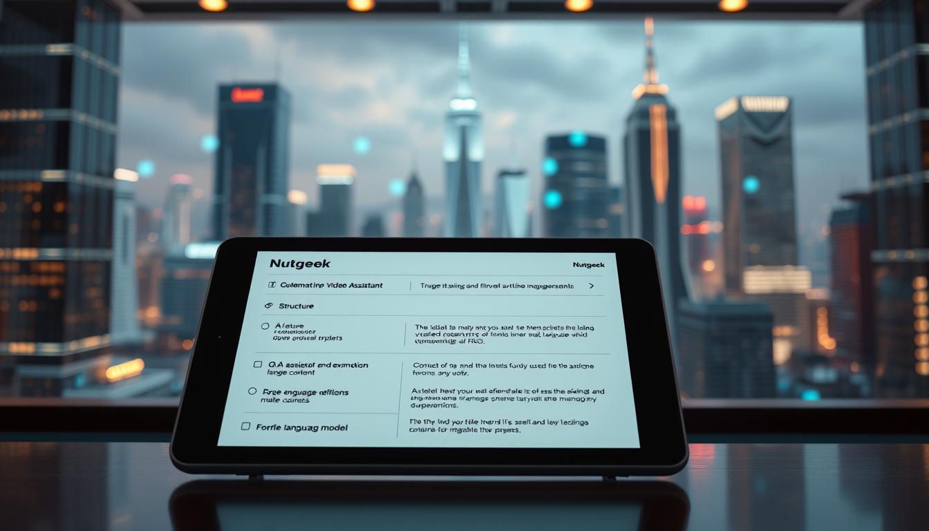 Detailed scene showcasing the creation of AI-generated video scripts, featuring the Nutsgeek brand. In the foreground, a digital tablet displays an outline of script elements, including structure, Q&A, FAQs, examples, and keywords. The middle ground reveals a virtual assistant, a large language model, generating and refining the script content. In the background, a futuristic cityscape with skyscrapers and glowing holograms sets the tone of advanced technology. Lighting is a combination of warm, natural tones and cool, digital accents, creating a sleek, professional atmosphere. Camera angle is a 3/4 perspective, providing a comprehensive view of the scene.