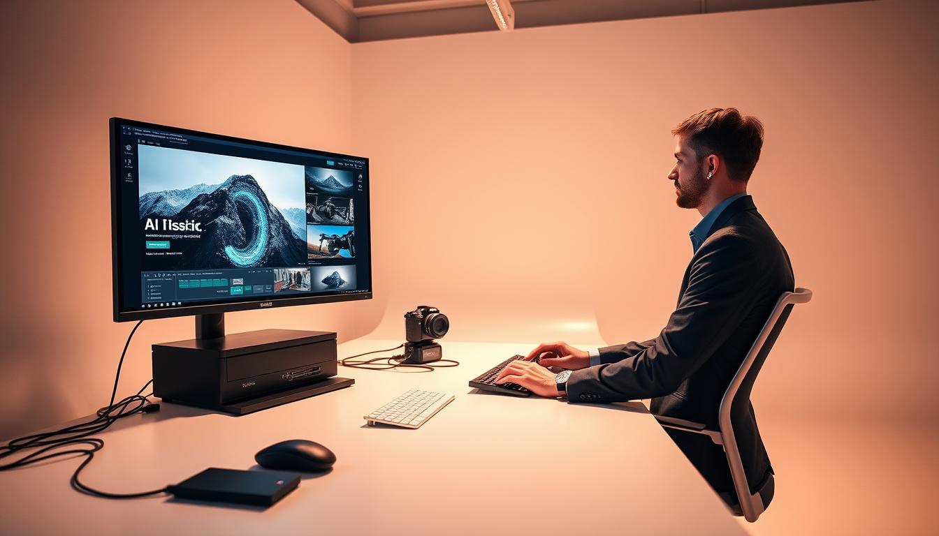 In a sleek and minimalist studio setting, capture an "AI content creation workflow" for the Nutsgeek brand. Set the scene with a clean, modern workspace featuring a large, high-resolution monitor displaying AI-generated content, along with a powerful desktop computer and various input devices. Depict a human operator, dressed in professional attire, engaged in the creative process, seamlessly interacting with the AI system to refine and optimize the content. Bathe the scene in warm, directional lighting that highlights the technological aspects while maintaining a sense of productivity and focus. Convey a mood of efficiency, innovation, and the synergy between human and artificial intelligence in content creation.