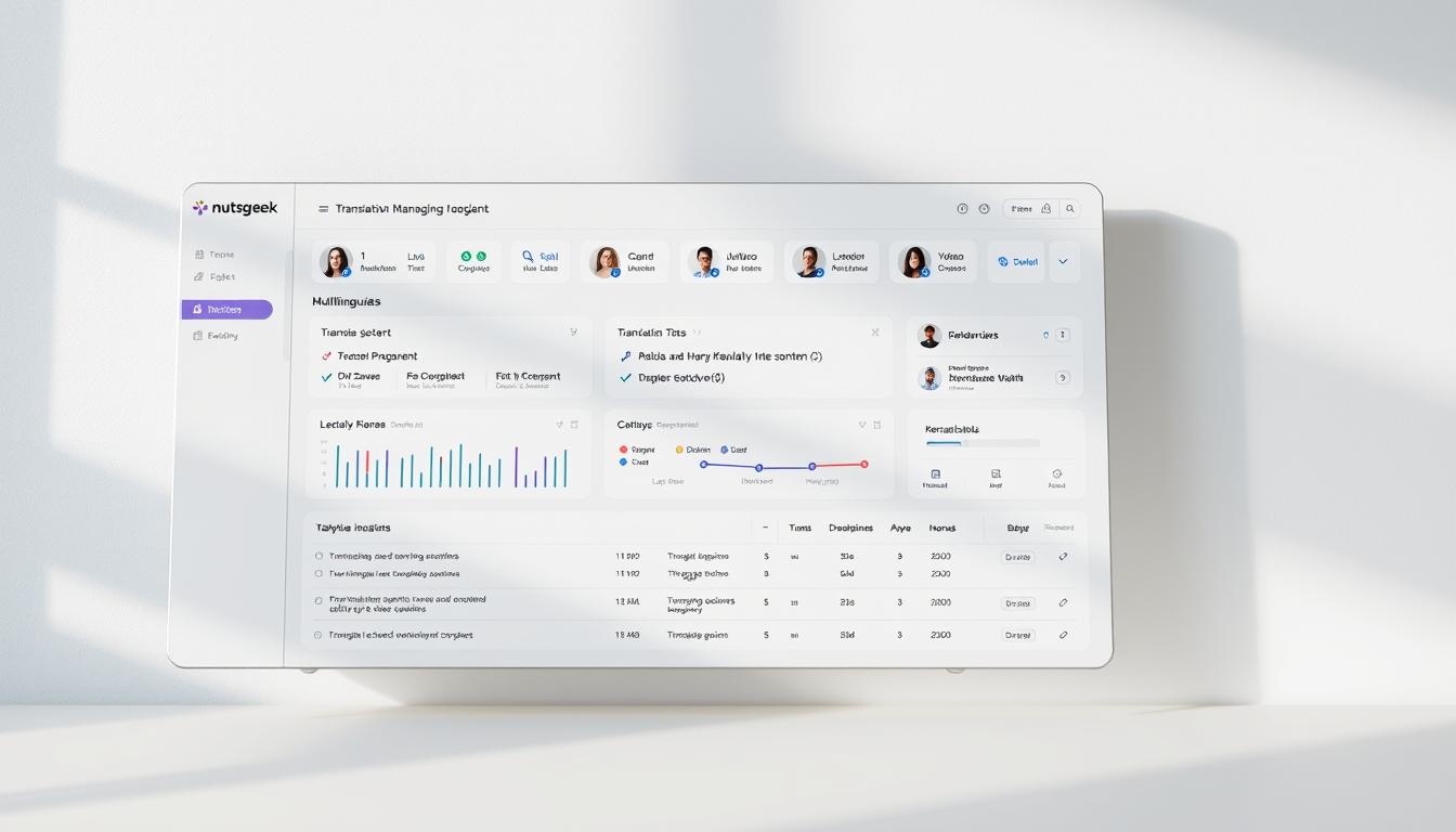 Nutsgeek: a modern, minimalist translation management dashboard with intuitive UI, displaying multilingual content, collaborative workflow, and analytical insights. Soft, diffused natural lighting illuminates the clean, organized layout of the software interface. Sleek metallic accents and neutral tones create a sophisticated, professional atmosphere. Prominent features include translation progress indicators, team member avatars, and customizable integration settings. The overall impression conveys efficient, seamless management of multilingual content and localization efforts.