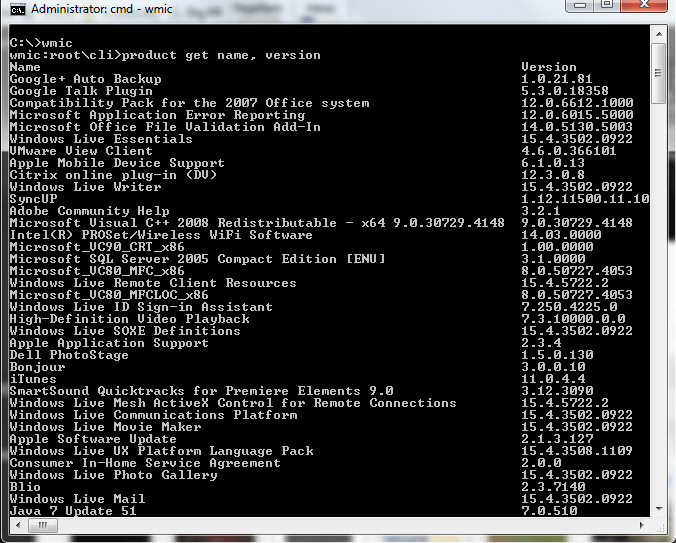 Command to get the list of installed software versions win2k3, win2k8