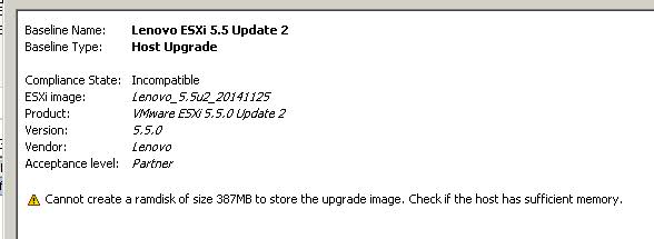Cannot create a ramdisk of size 387MB to store the upgrade image, Check if the host has sufficient memory