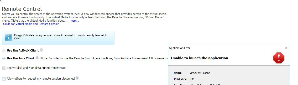 Java error - Unable to launch the application - Virtual KVM Client