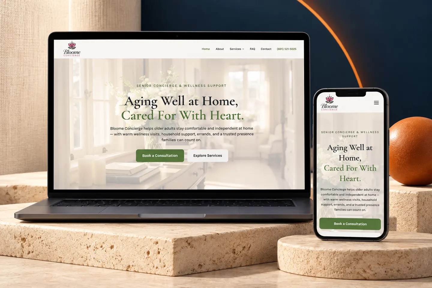 Current bloomeconcierge.com website shown on a laptop and phone in a Nuzu portfolio graphic.
