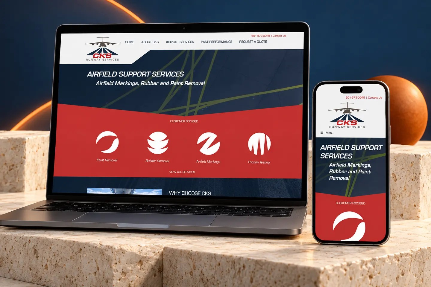 Current cksrunwayservices.com website shown on a laptop and phone in a Nuzu portfolio graphic.