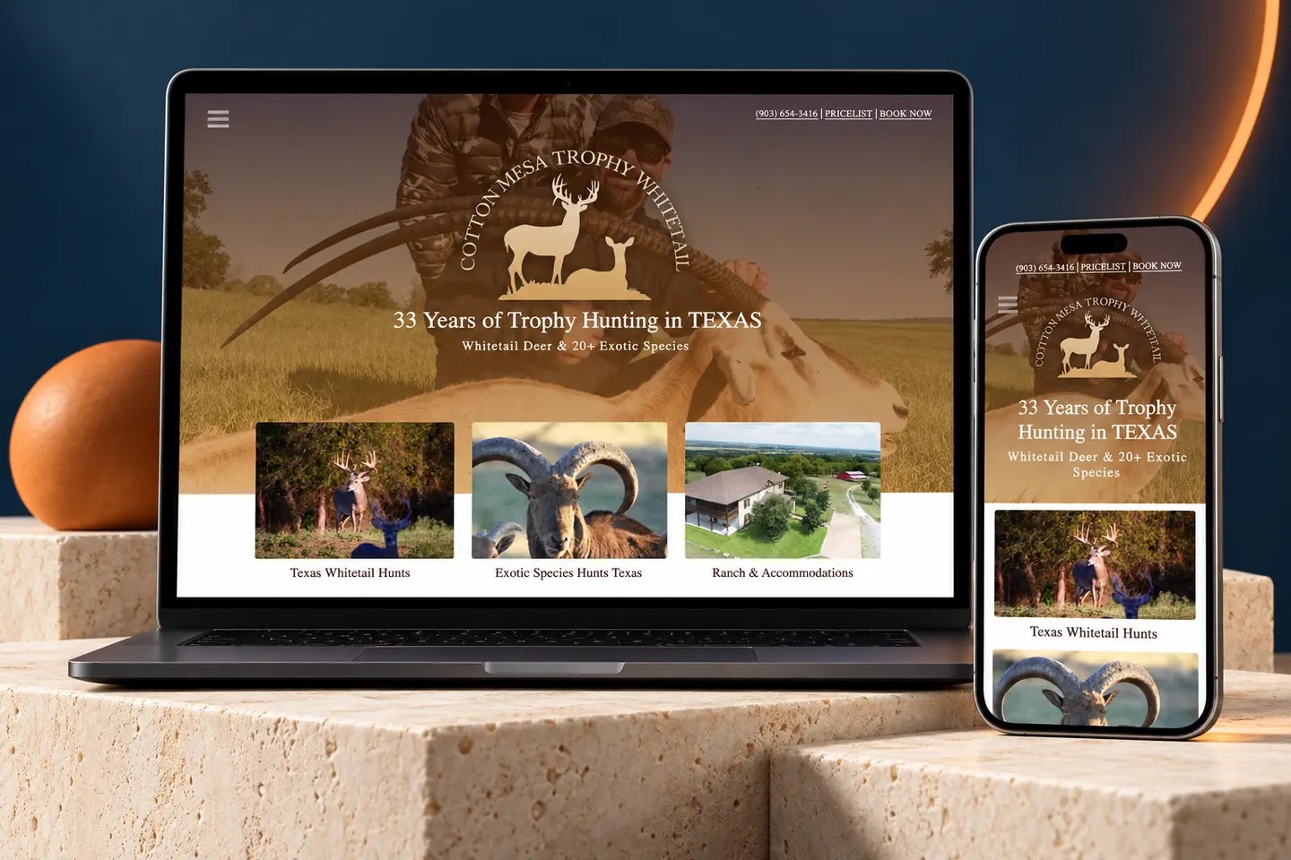 Current cottonmesawhitetail.com website shown on a laptop and phone in a Nuzu portfolio graphic.