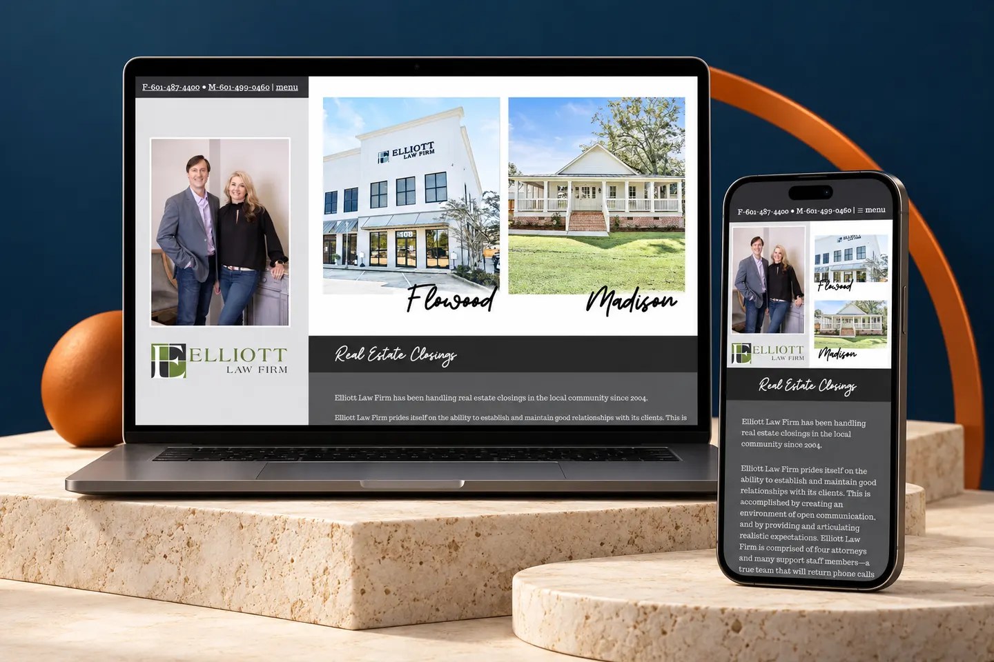 Elliott Law Firm website showing its Flowood and Madison offices on laptop and mobile screens.