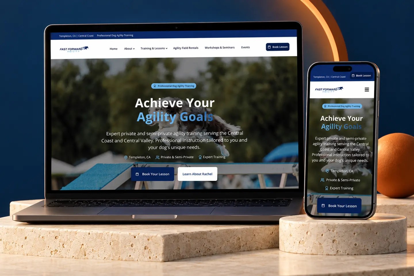 Current fastforwardagility.com website shown on a laptop and phone in a Nuzu portfolio graphic.