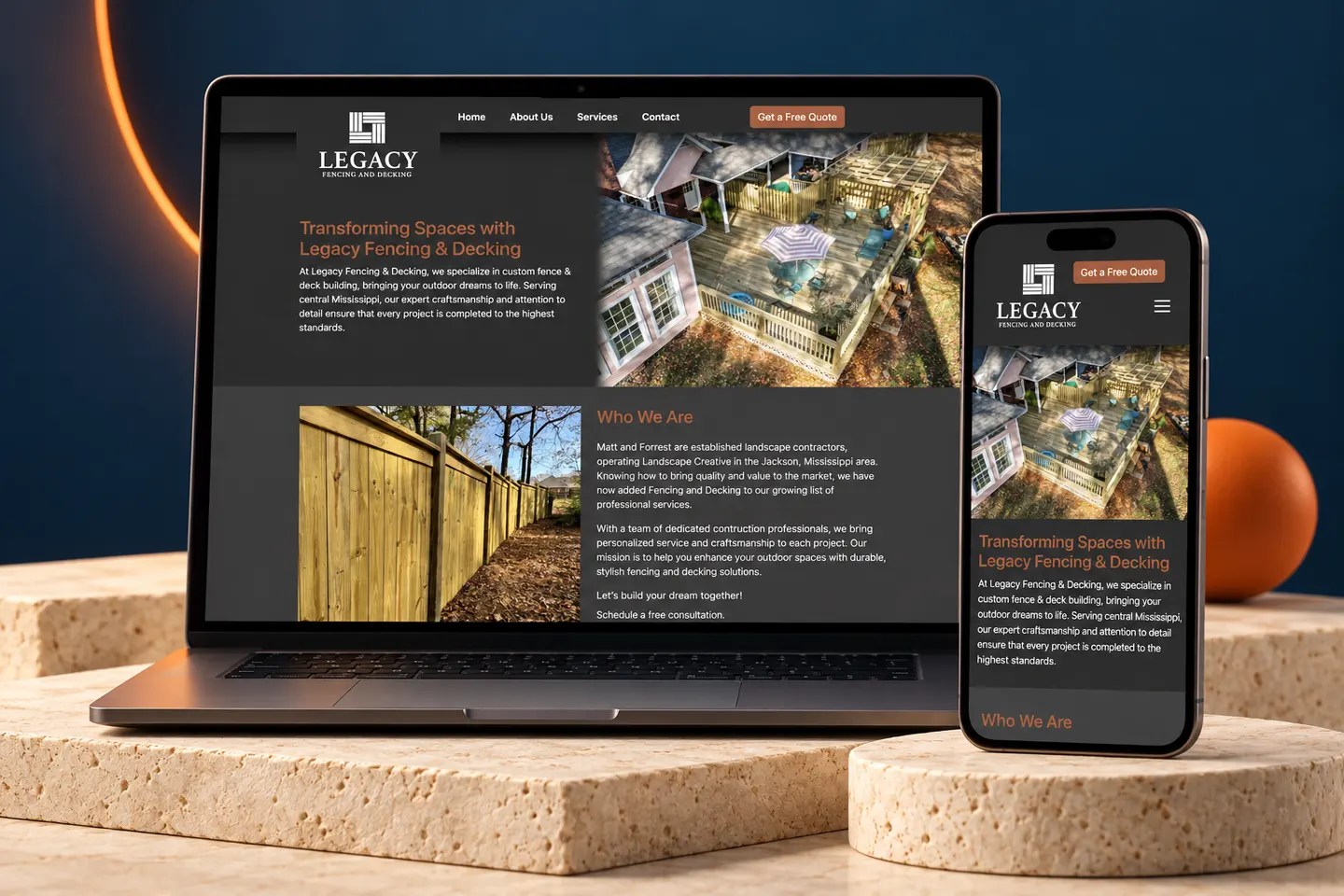 Current fencebuilder.ms website shown on a laptop and phone in a Nuzu portfolio graphic.