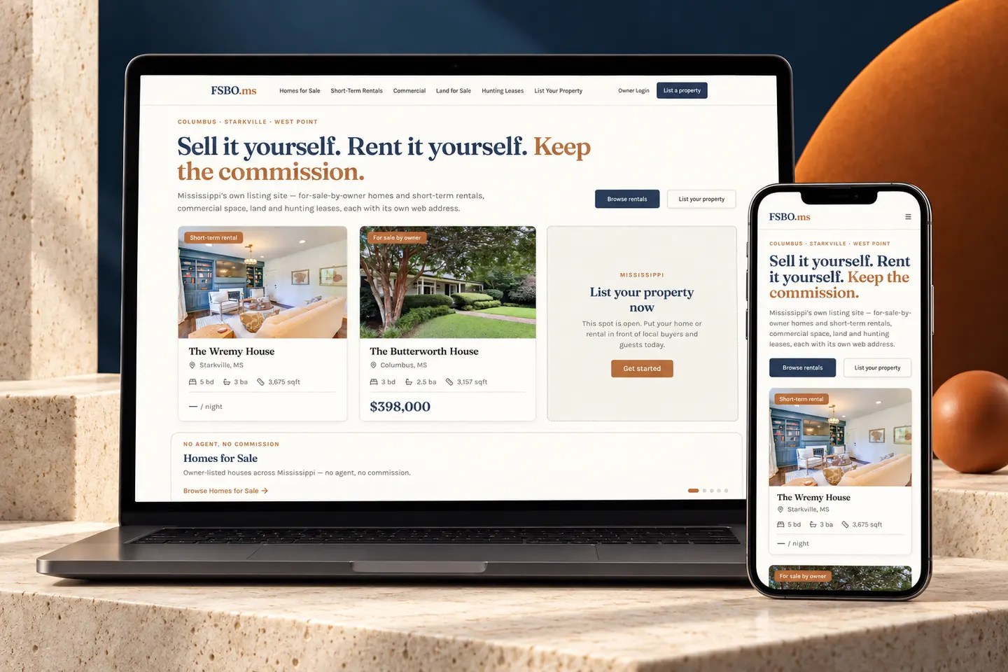 Current fsbo.ms website shown on a laptop and phone in a Nuzu portfolio graphic.