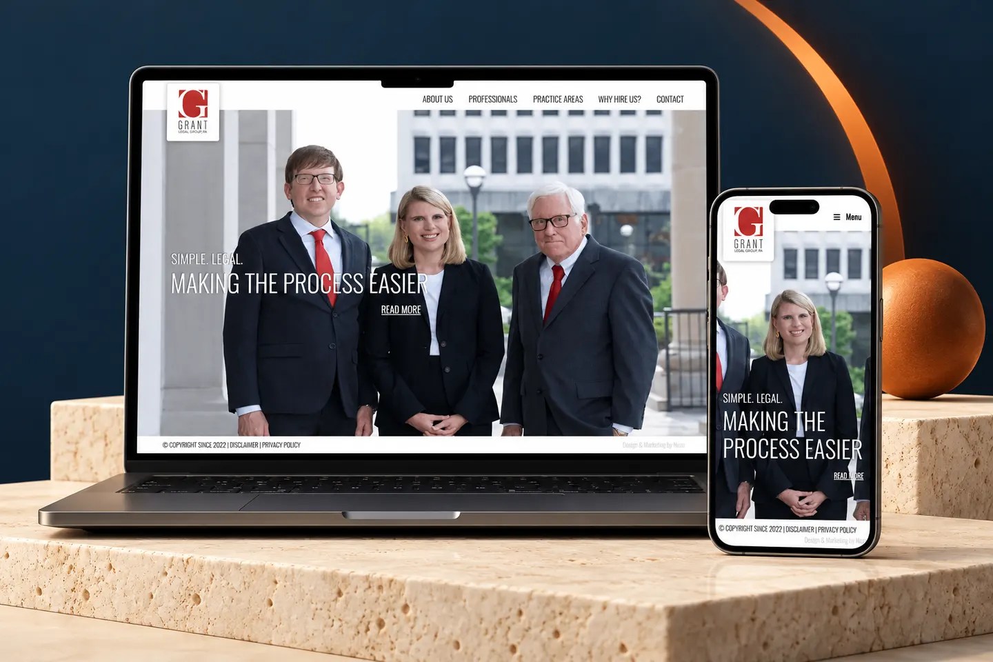 Current grantlegalgroup.com website shown on a laptop and phone in a Nuzu portfolio graphic.