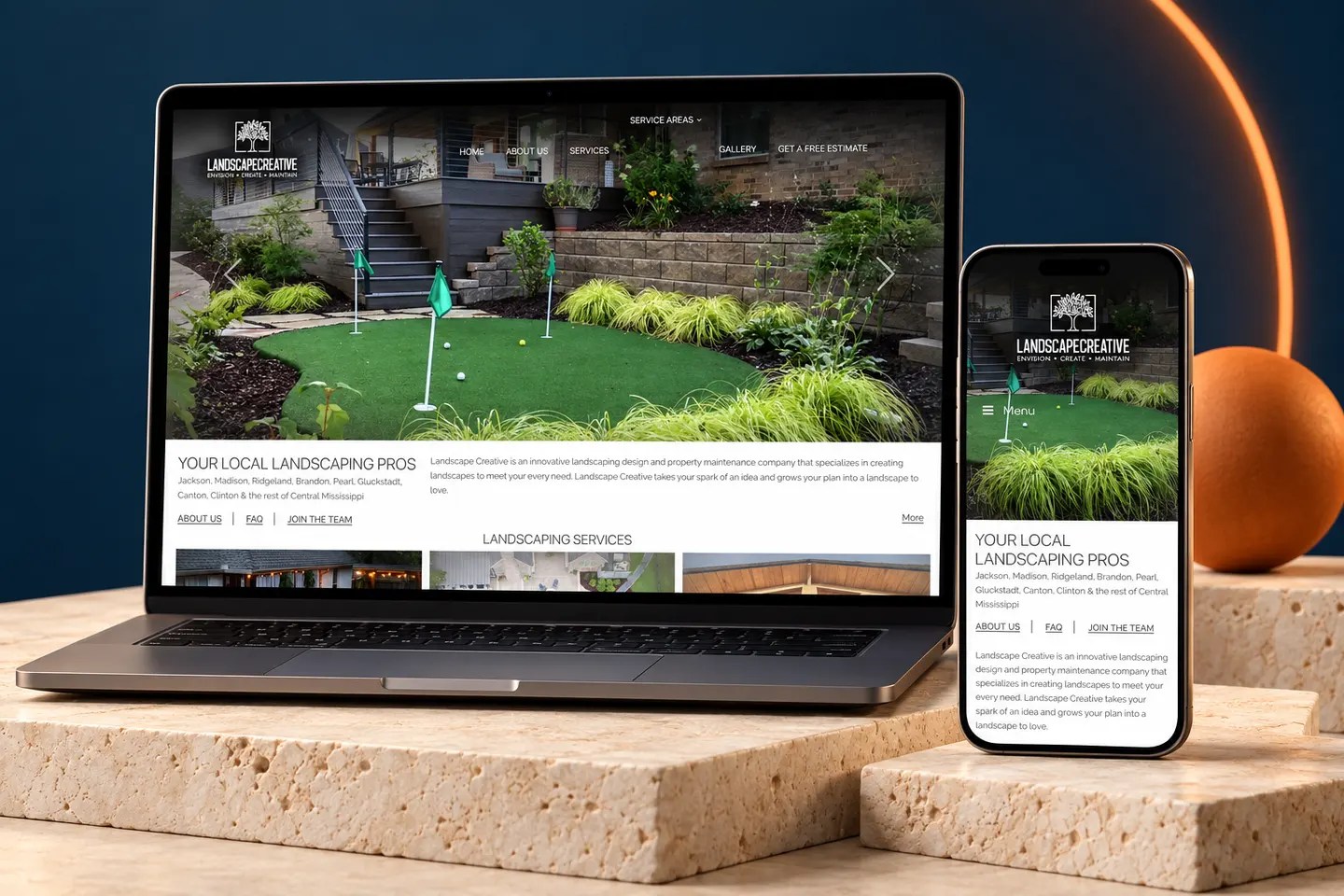 Current landscapecreativellc.com website shown on a laptop and phone in a Nuzu portfolio graphic.