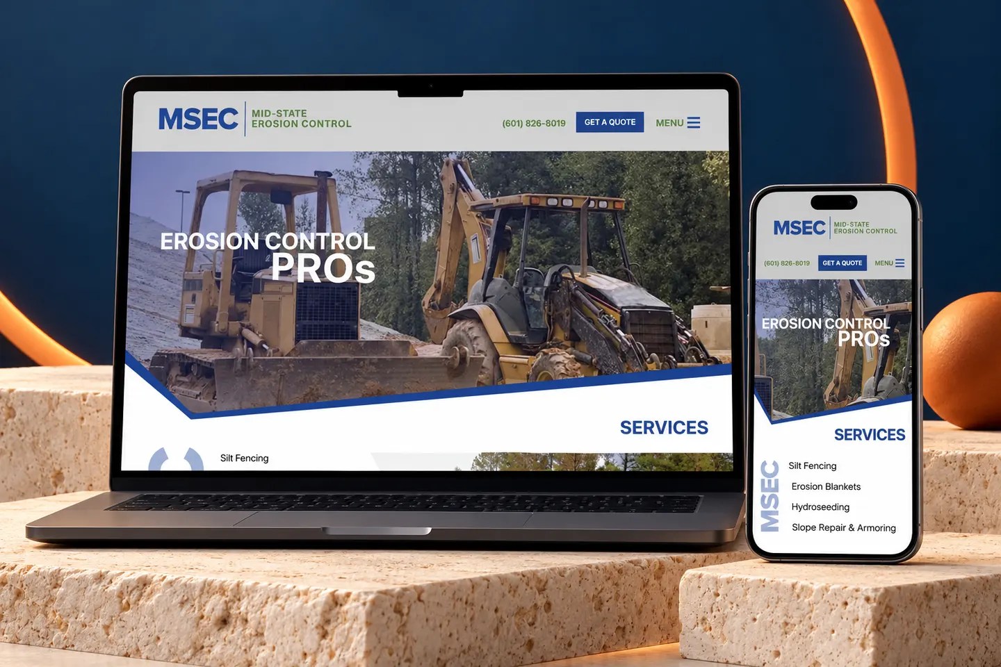 Current midstateerosion.com website shown on a laptop and phone in a Nuzu portfolio graphic.