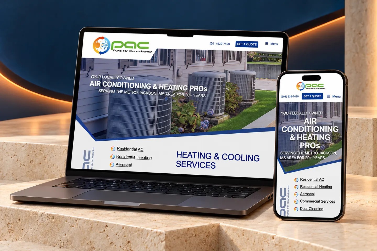 Current mypureairconsultants.com website shown on a laptop and phone in a Nuzu portfolio graphic.