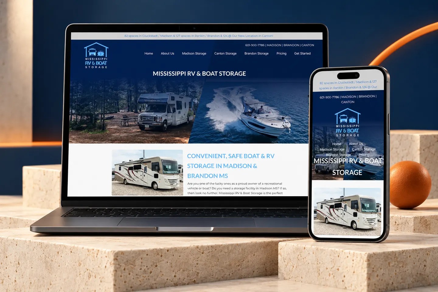 Current rvboatstorage.ms website shown on a laptop and phone in a Nuzu portfolio graphic.