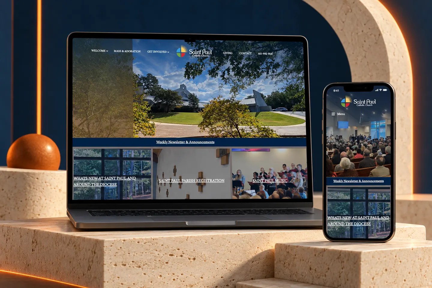 Current saintpaulcatholicchurch.com website shown on a laptop and phone in a Nuzu portfolio graphic.