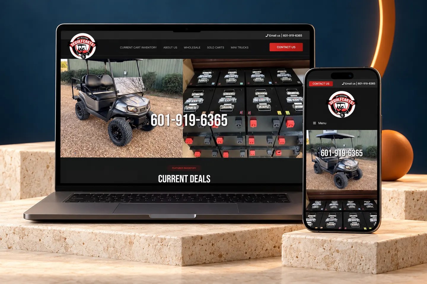 Current segolfcarts.com website shown on a laptop and phone in a Nuzu portfolio graphic.